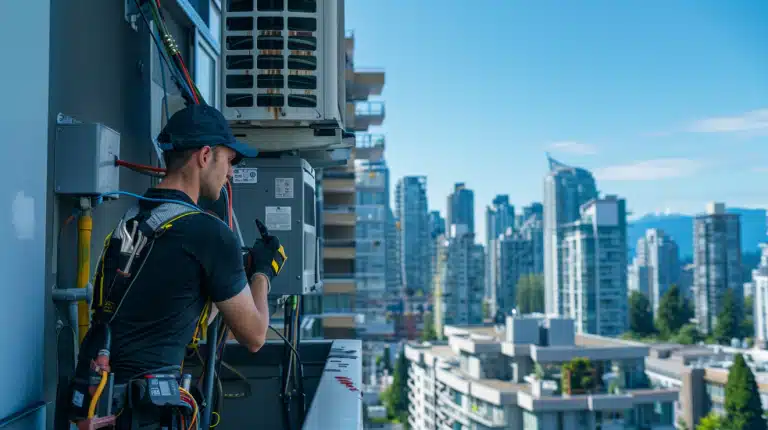HVAC technician performing AC maintenance Burnaby with Vancouver skyline in background