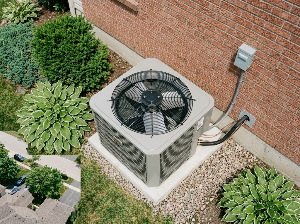 Residential outdoor HVAC heat pump unit installed near a home