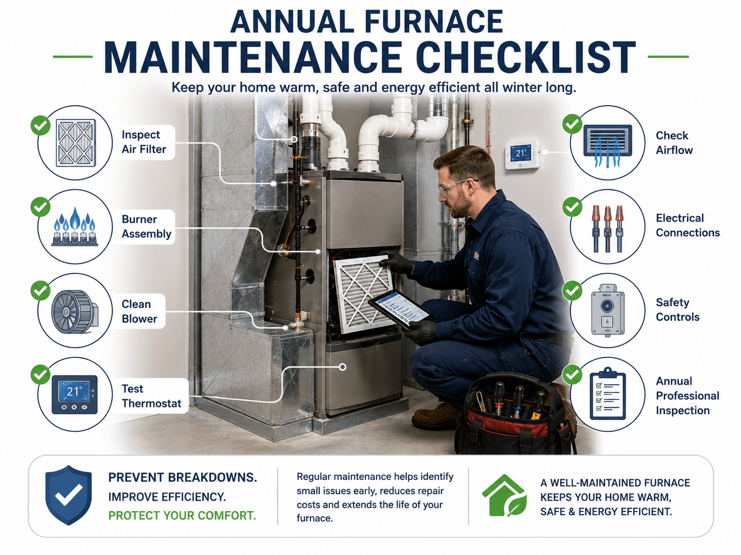 Annual furnace maintenance checklist showing an HVAC technician inspecting a residential furnace before winter in Burnaby.