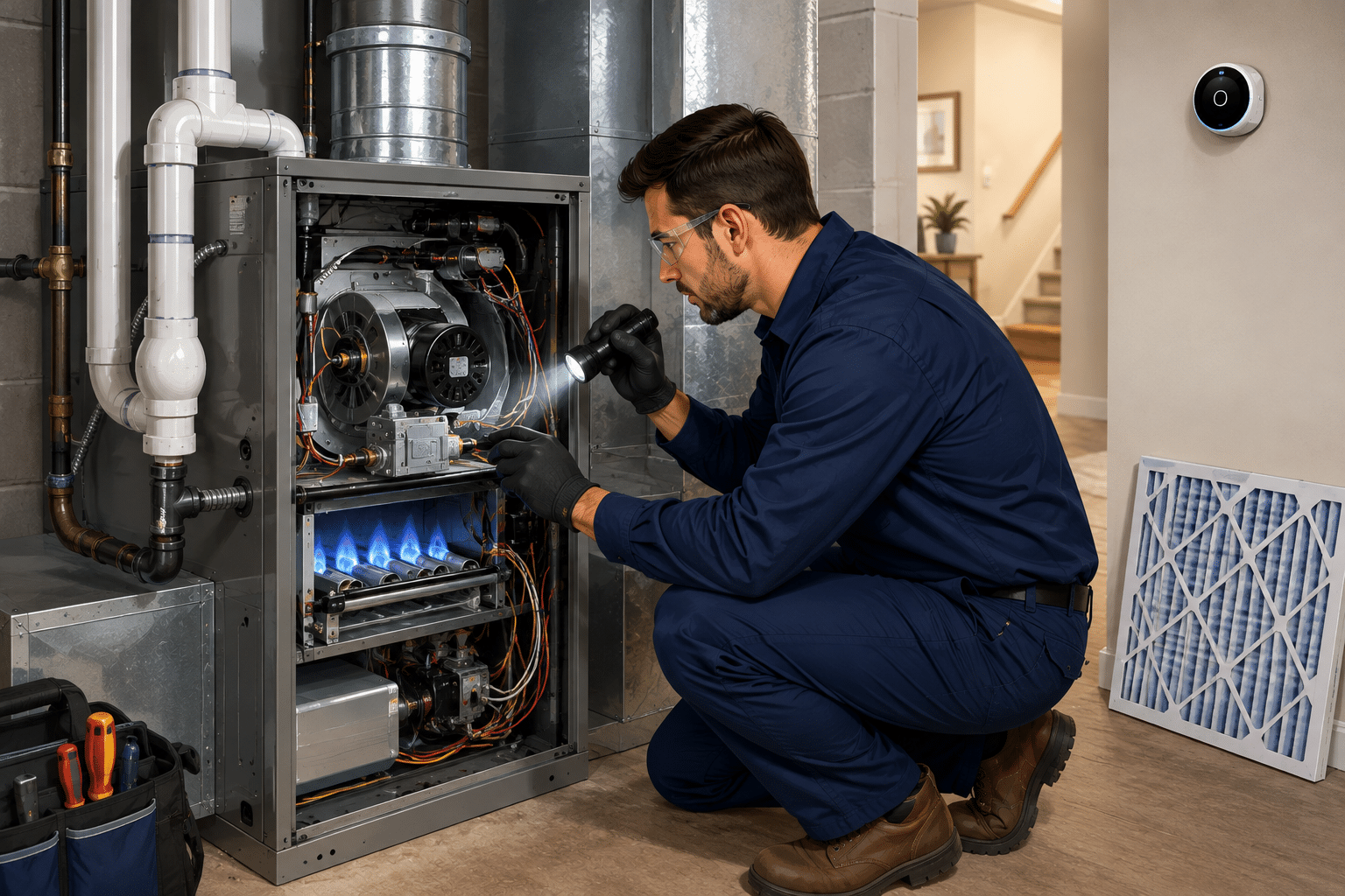 HVAC technician performing a professional furnace tune-up on a residential heating system in Burnaby.