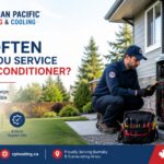 HVAC technician performing AC maintenance on a residential air conditioner