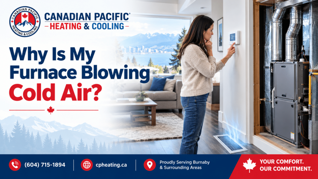 Homeowner checking a thermostat while a furnace blows cold air in a Burnaby home