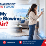 Homeowner checking a thermostat while a furnace blows cold air in a Burnaby home