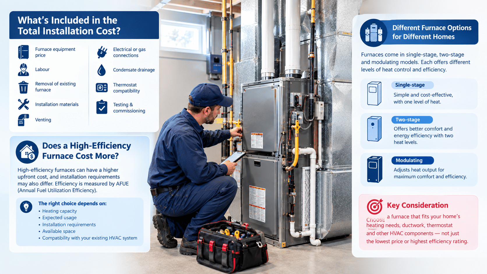 Furnace installation cost components, efficiency factors, and furnace options for Canadian homes