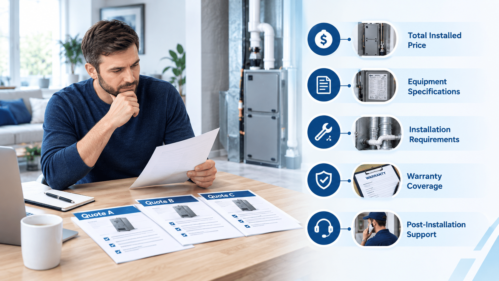 Homeowner comparing furnace installation quotes with key considerations for equipment, installation, warranty, and post-installation support