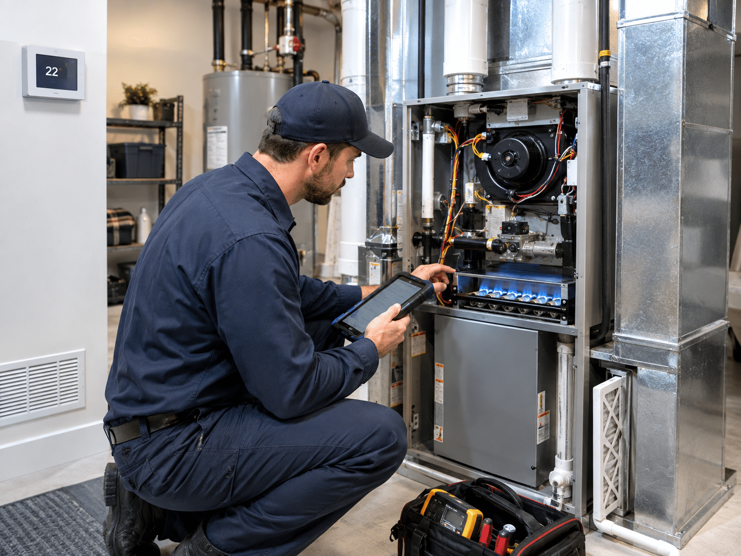 HVAC technician diagnosing a furnace blowing cold air in Burnaby