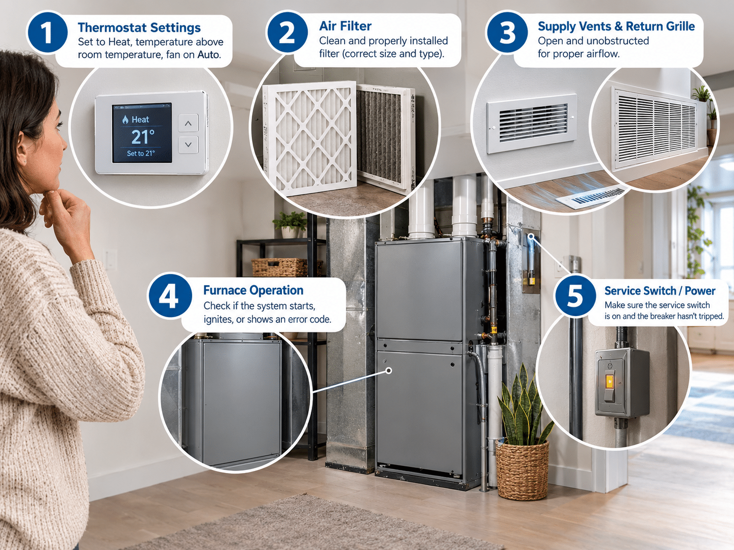 Safe furnace troubleshooting checks for thermostat, filter, vents and power