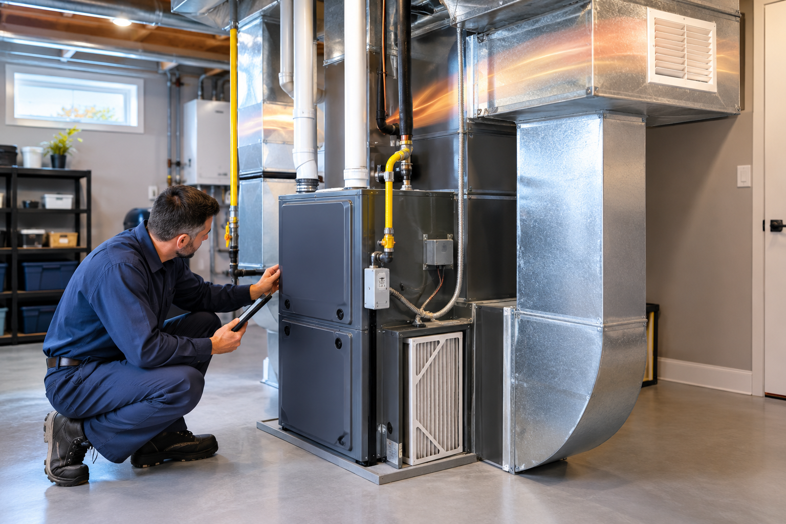 High-efficiency furnace operating with proper airflow to heat a residential home