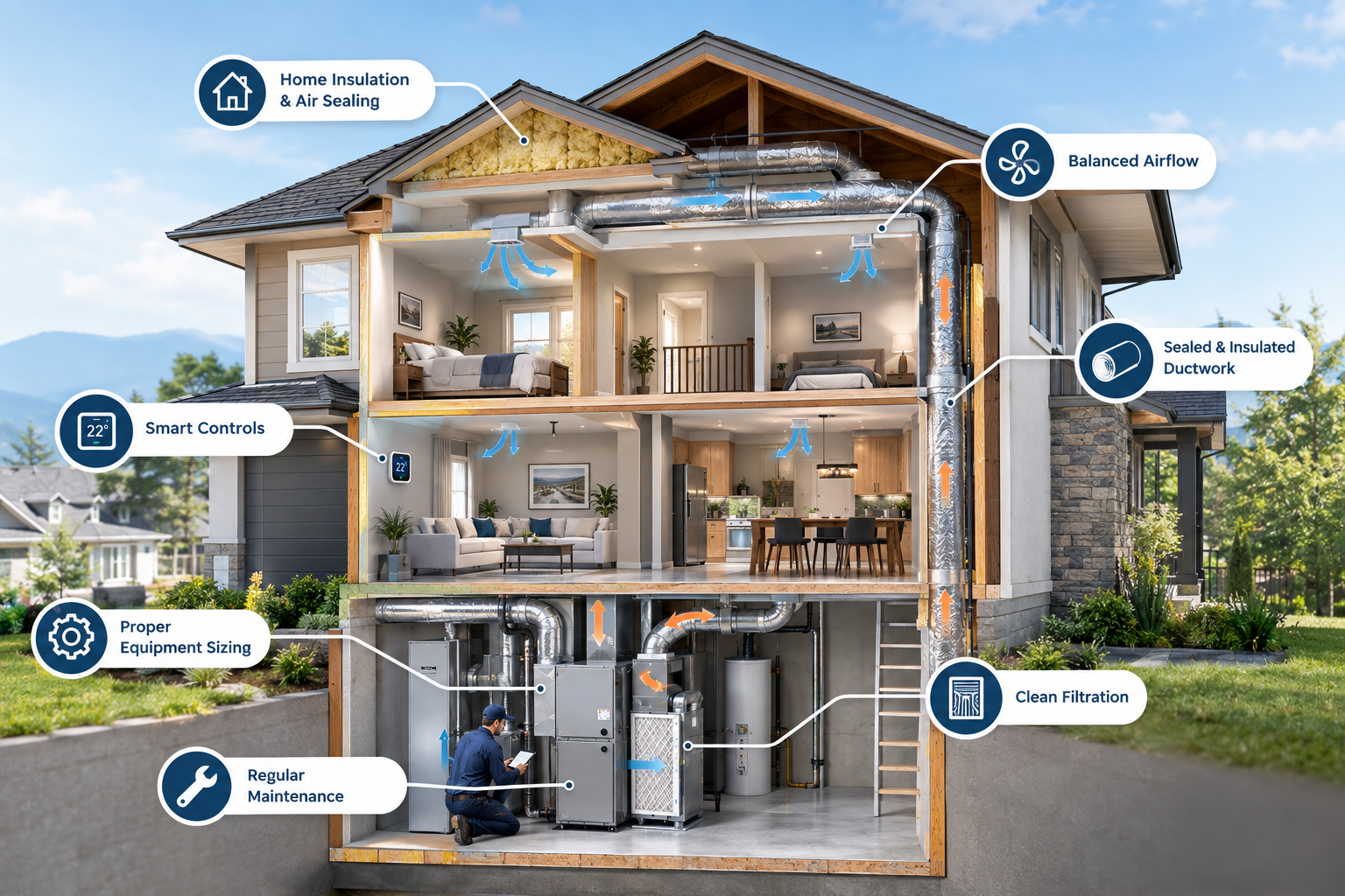 HVAC professional assessing equipment, airflow, thermostat, and home efficiency